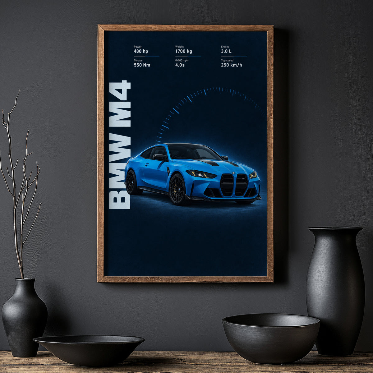 Vintage BMW M4 Car Print, Blue Coupe Wall Art