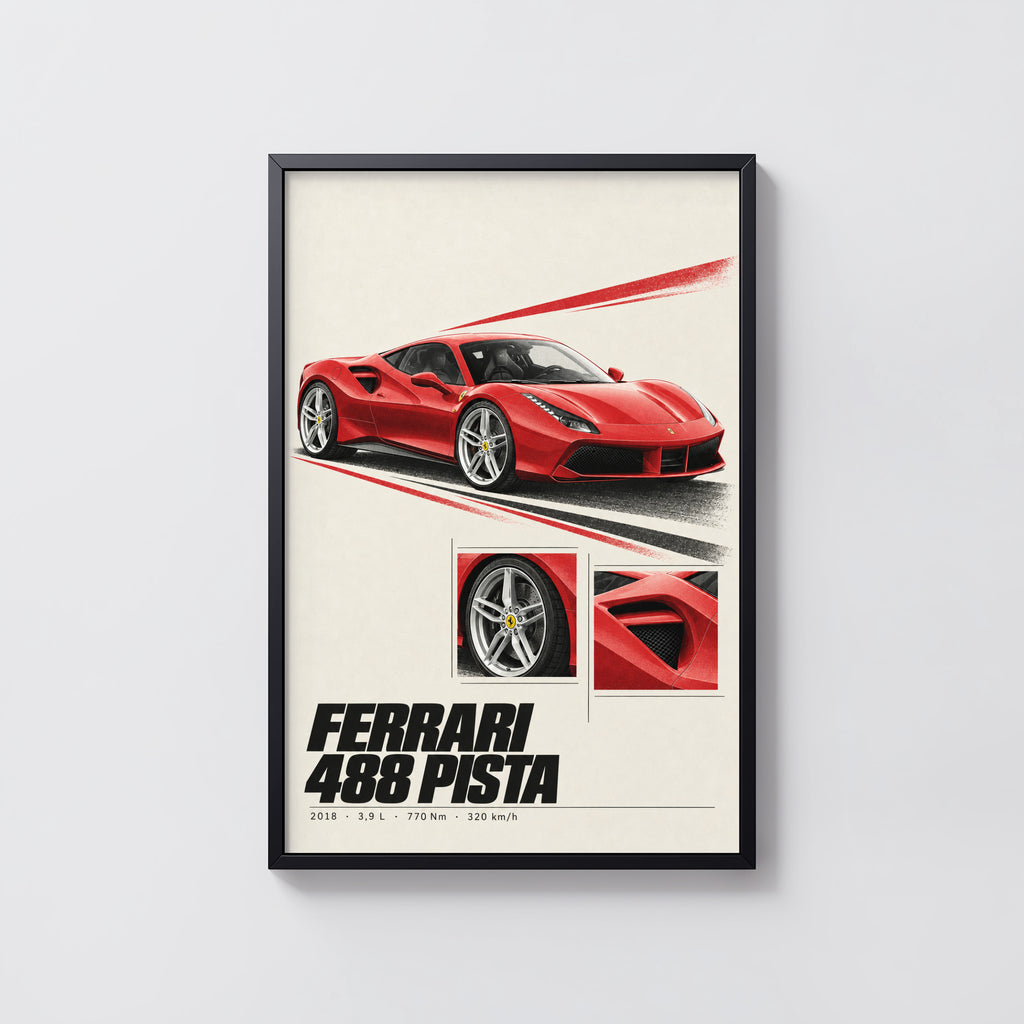 Vintage Ferrari 488 Pista Print, Supercar Wall Art