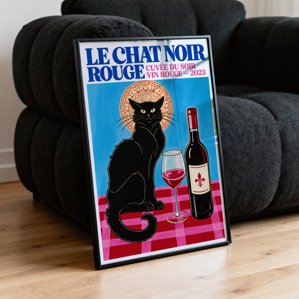 Vintage Black Cat Red Wine Print Poster, French Wall Art