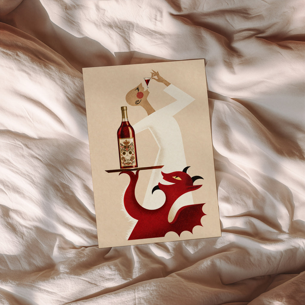 Vintage Vermouth Print Poster, Red Devil Cocktail Wall Art