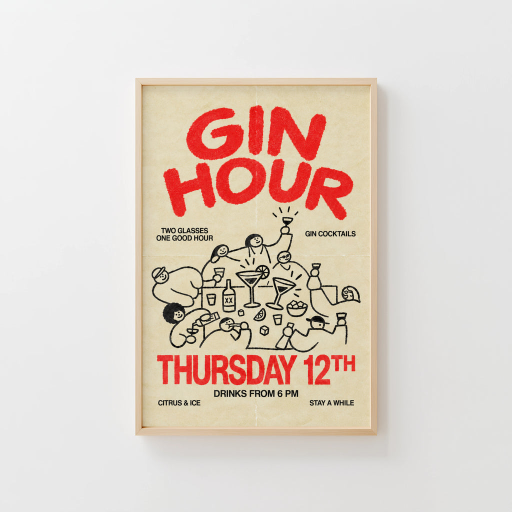 Vintage Gin Hour Print Poster, Cocktail Wall Art