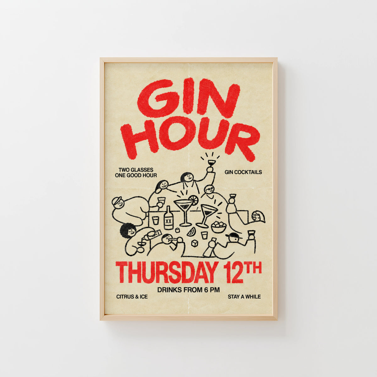 Vintage Gin Hour Print Poster, Cocktail Wall Art