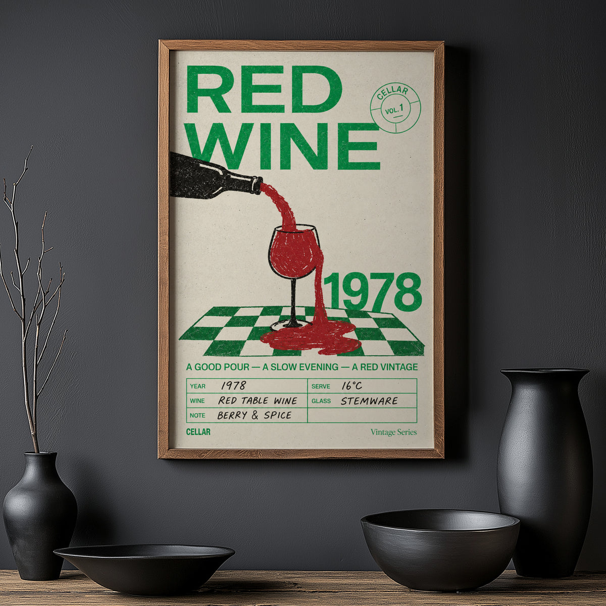 Vintage Red Wine Print Poster, Kitchen Wall Art 1978