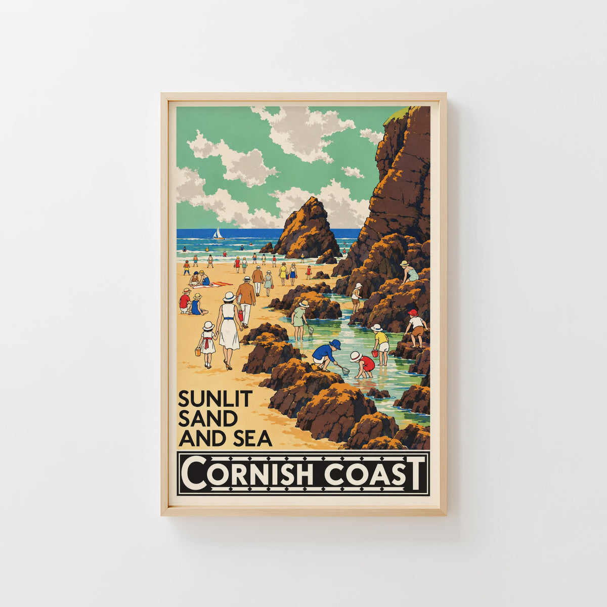 Vintage Cornish Coast Poster, Seaside Wall Art, Beach Print