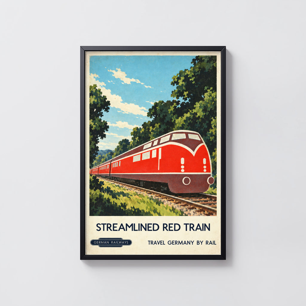 Vintage German Railways Train Print Poster, Red Train Art