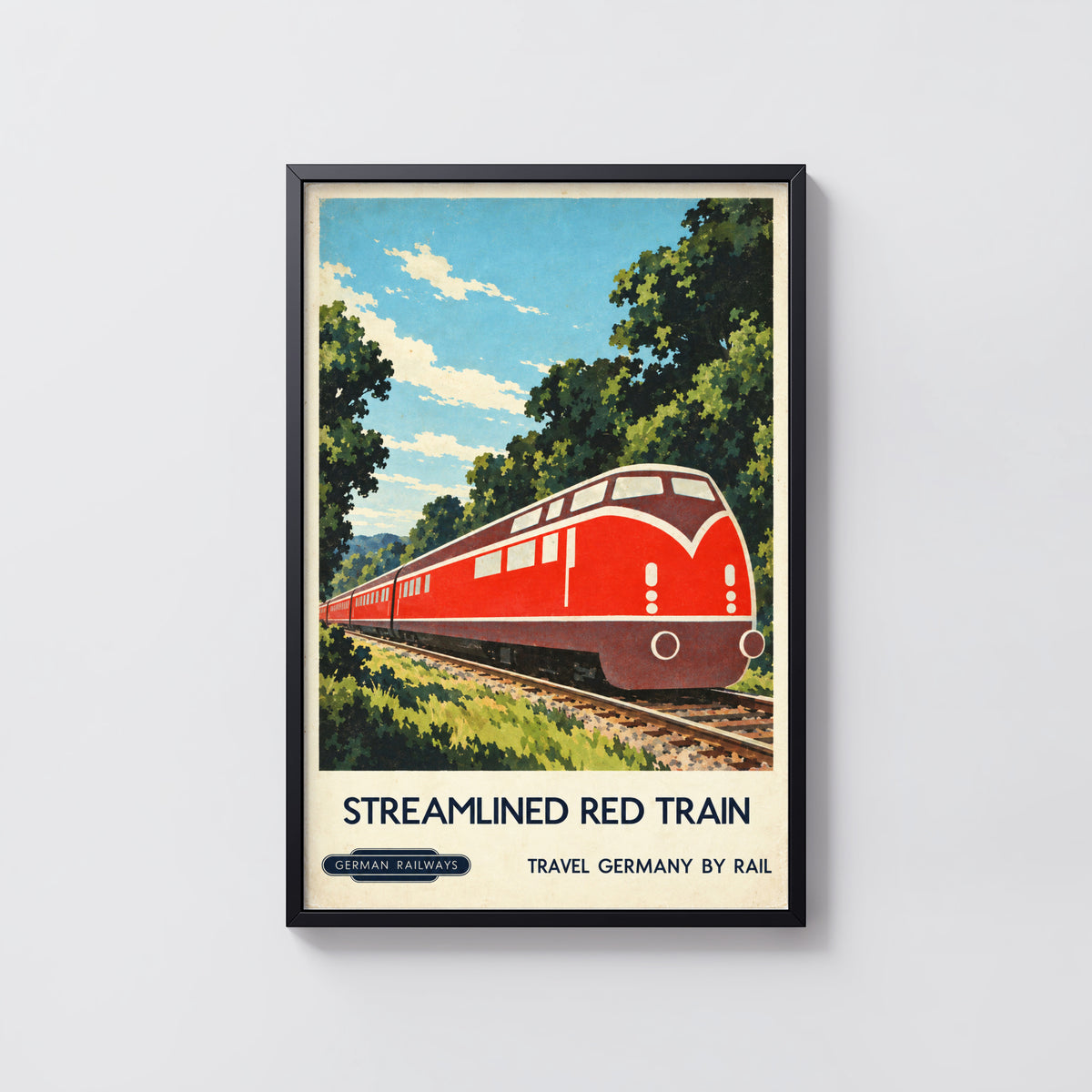 Vintage German Railways Train Print Poster, Red Train Art