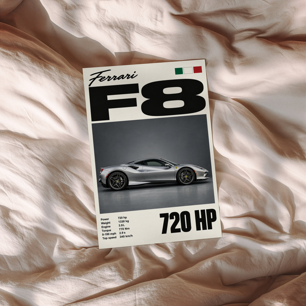 Vintage Ferrari F8 Print, Supercar Wall Art