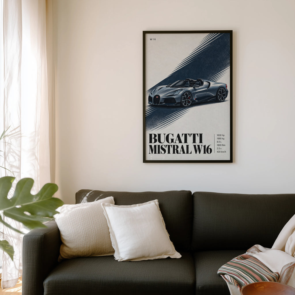 Vintage Bugatti Mistral W16 Print, Car Wall Art