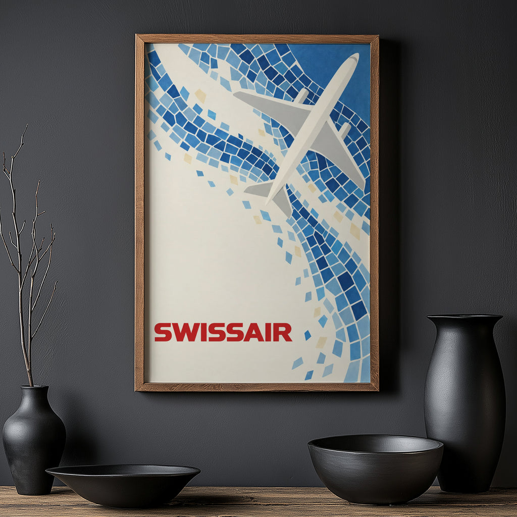 Vintage Swissair Poster, Blue Mosaic Wall Art