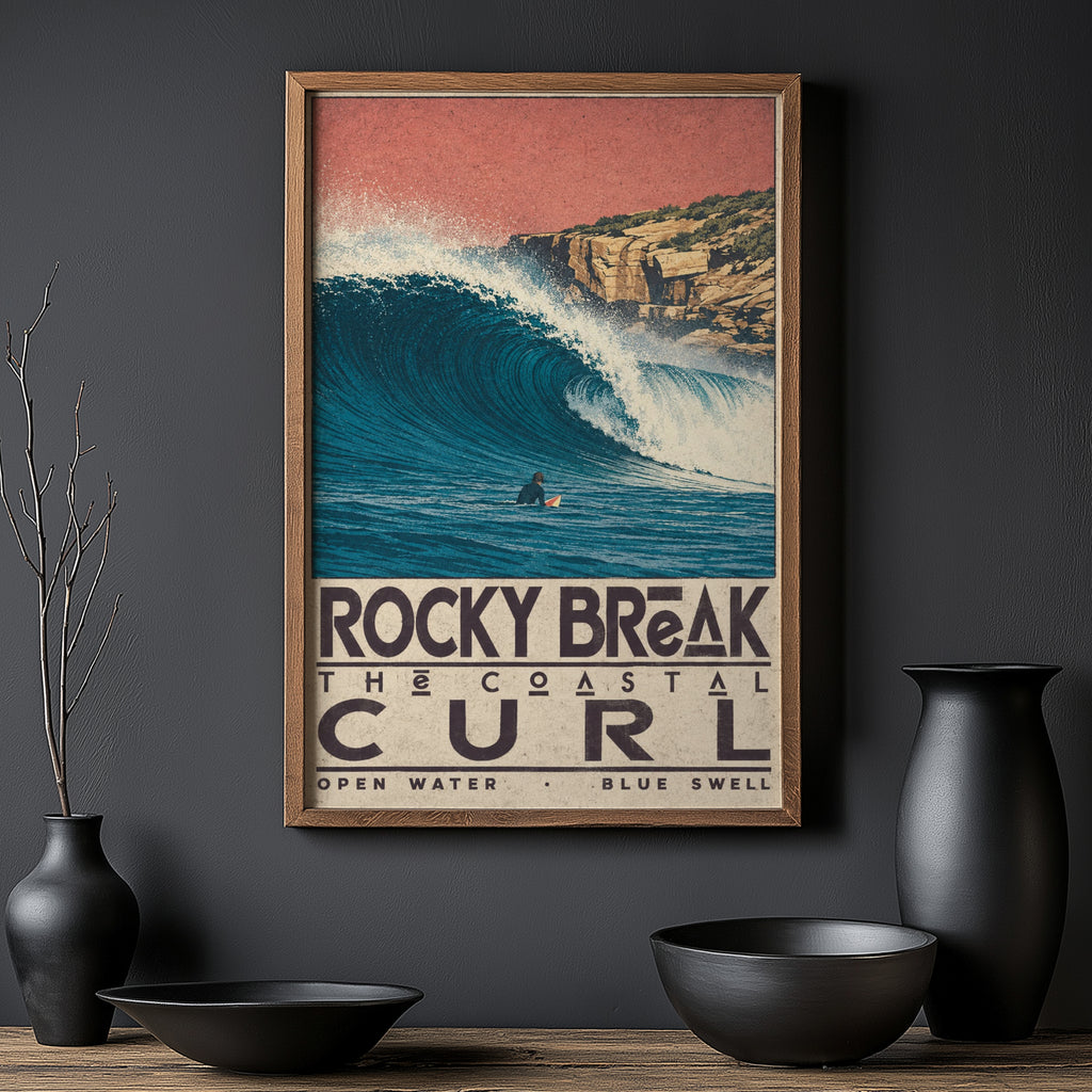 Vintage Surf Print, Rocky Break Poster, Coastal Wave