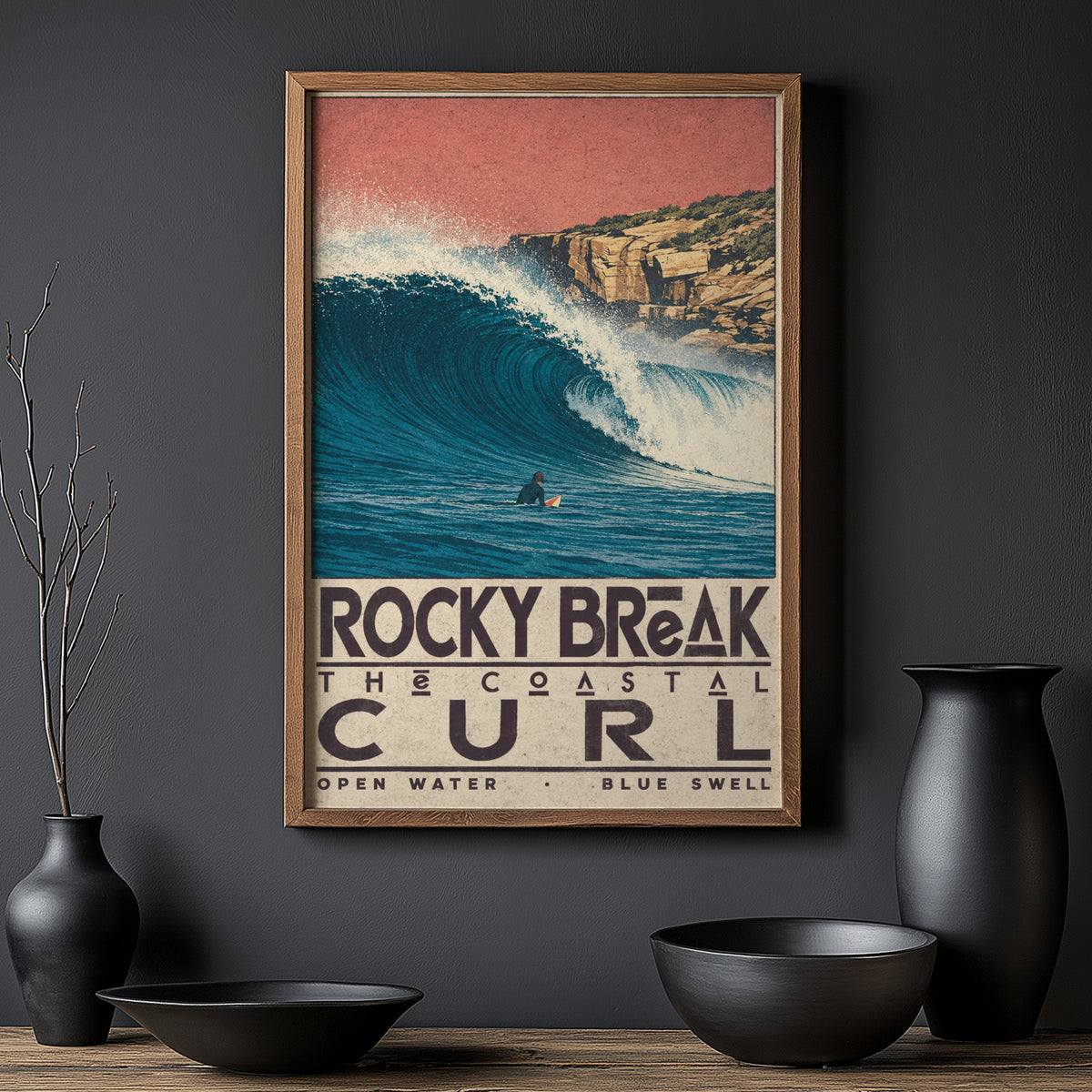 Vintage Surf Print, Rocky Break Poster, Coastal Wave