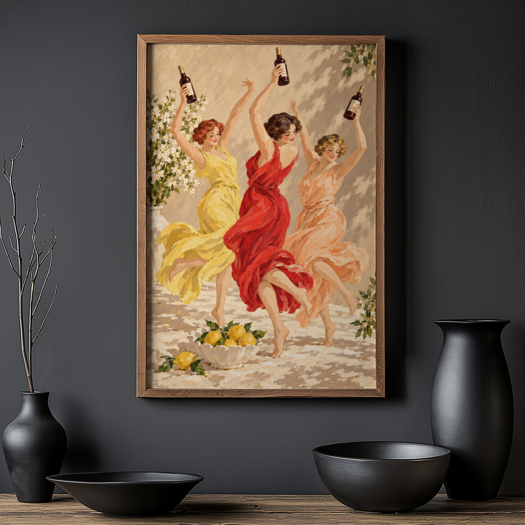 Vintage Print Poster, Dancing Women Wine Wall Art
