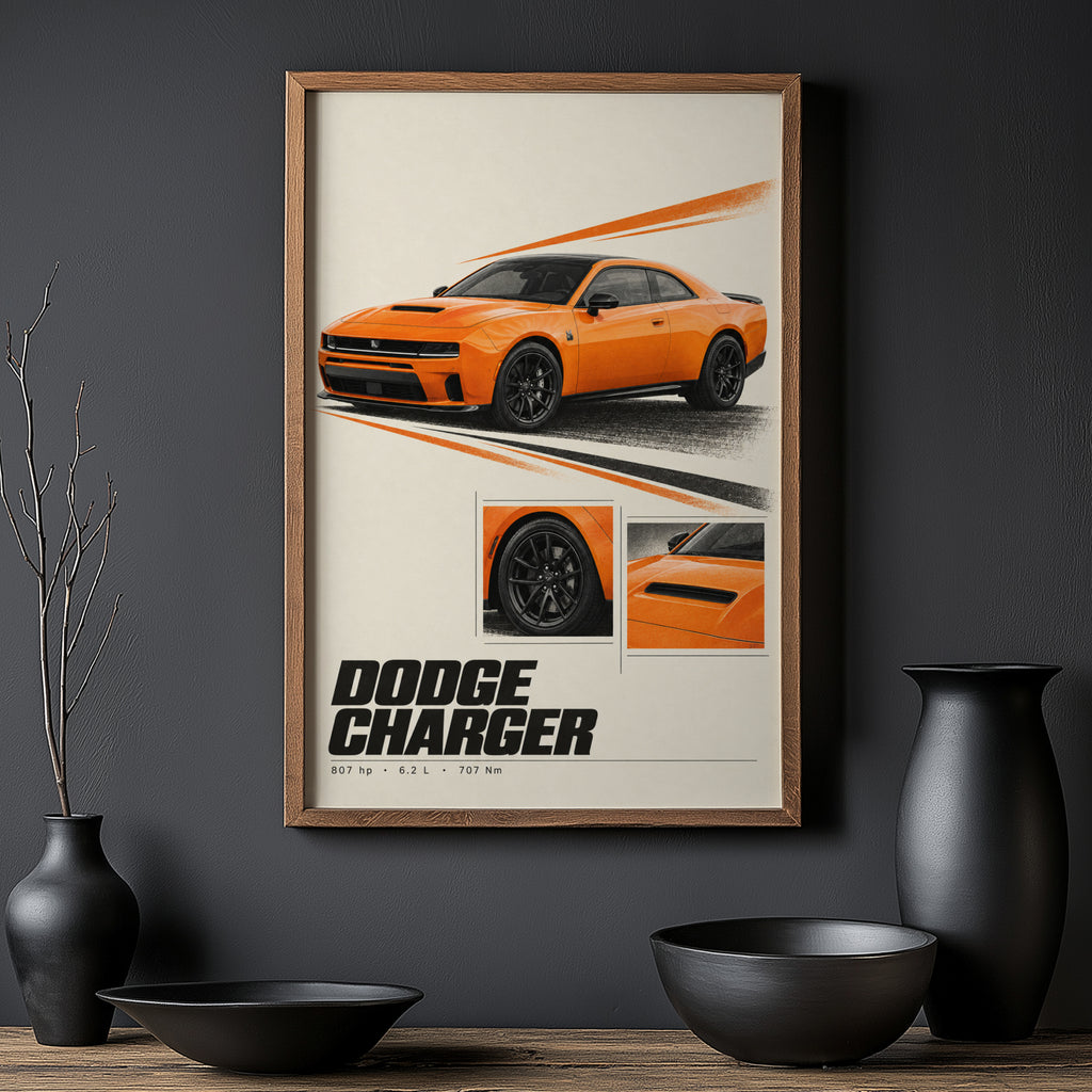 Vintage Dodge Charger Print, Muscle Car Wall Art