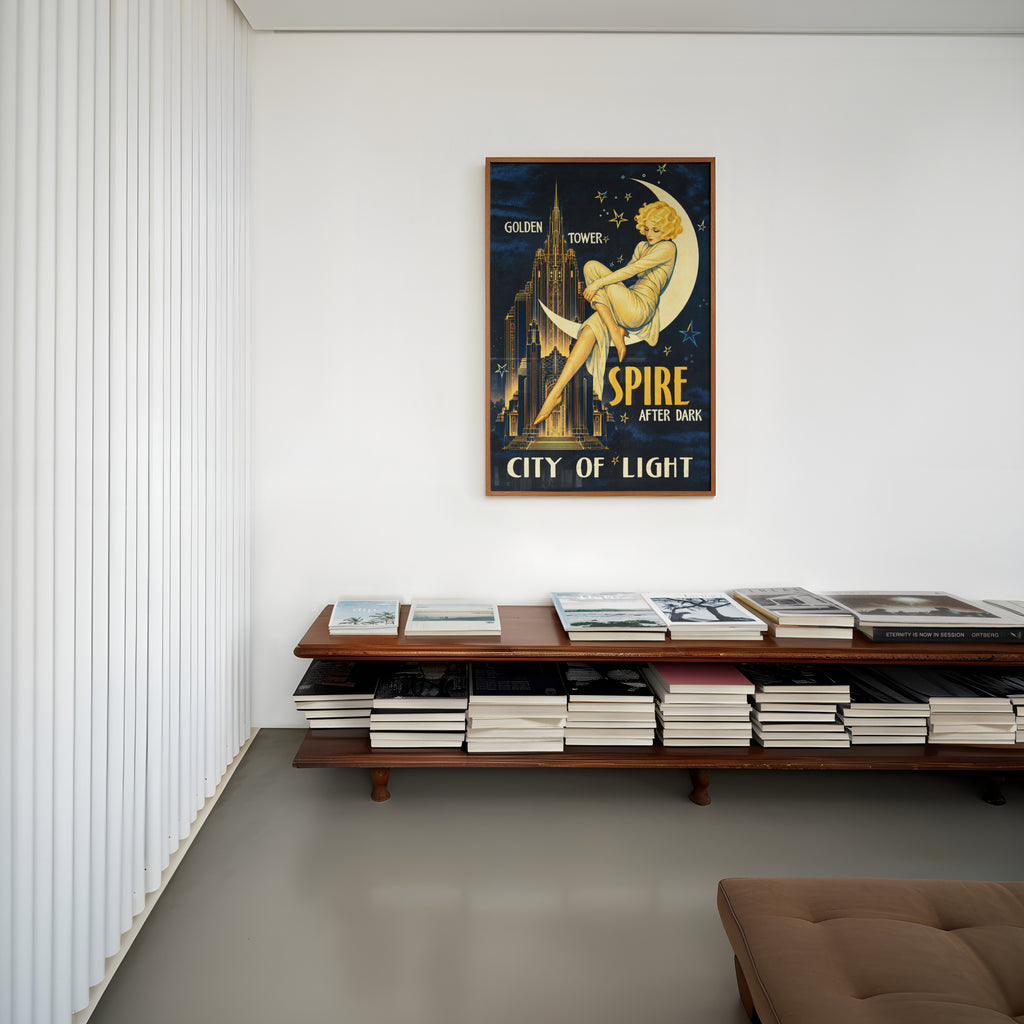 Vintage Art Deco Moon Lady Poster, Night City Wall Art Print