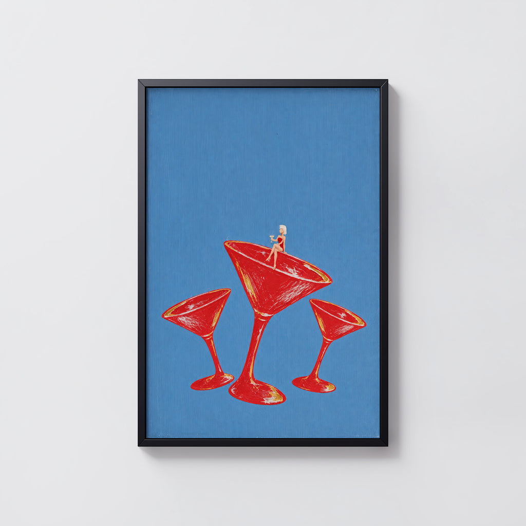 Vintage Cocktail Print Poster, Red Martini Glass Wall Art
