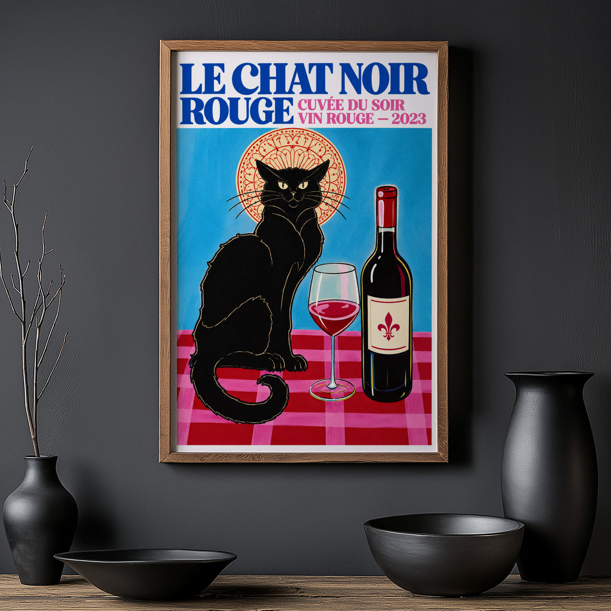 Vintage Black Cat Red Wine Print Poster, French Wall Art