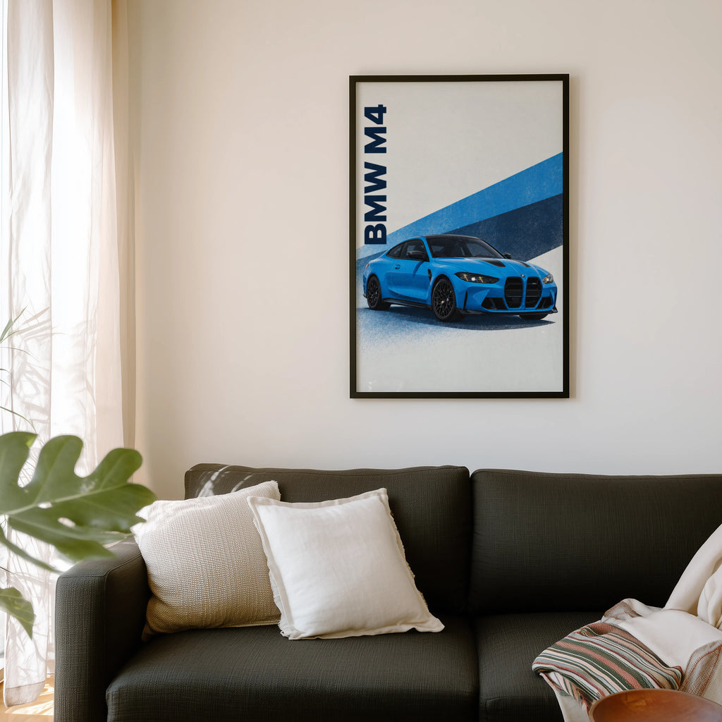 Vintage BMW M4 Print, Blue Car Wall Art