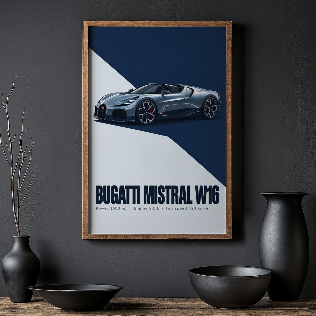 Vintage Bugatti Mistral W16 Print, Supercar Art