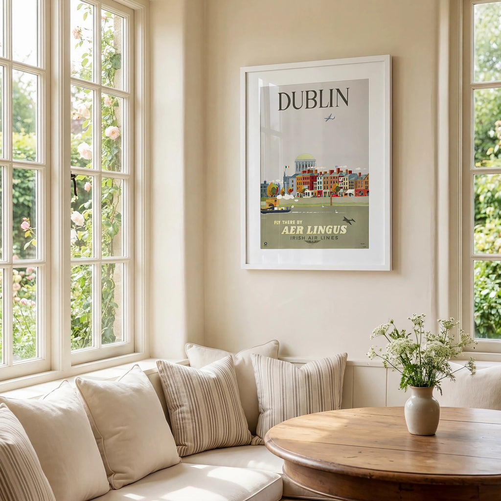 Vintage Dublin Ireland Travel Poster, Aer Lingus Irish Air Lines, 1950s City Skyline Wall Art Print