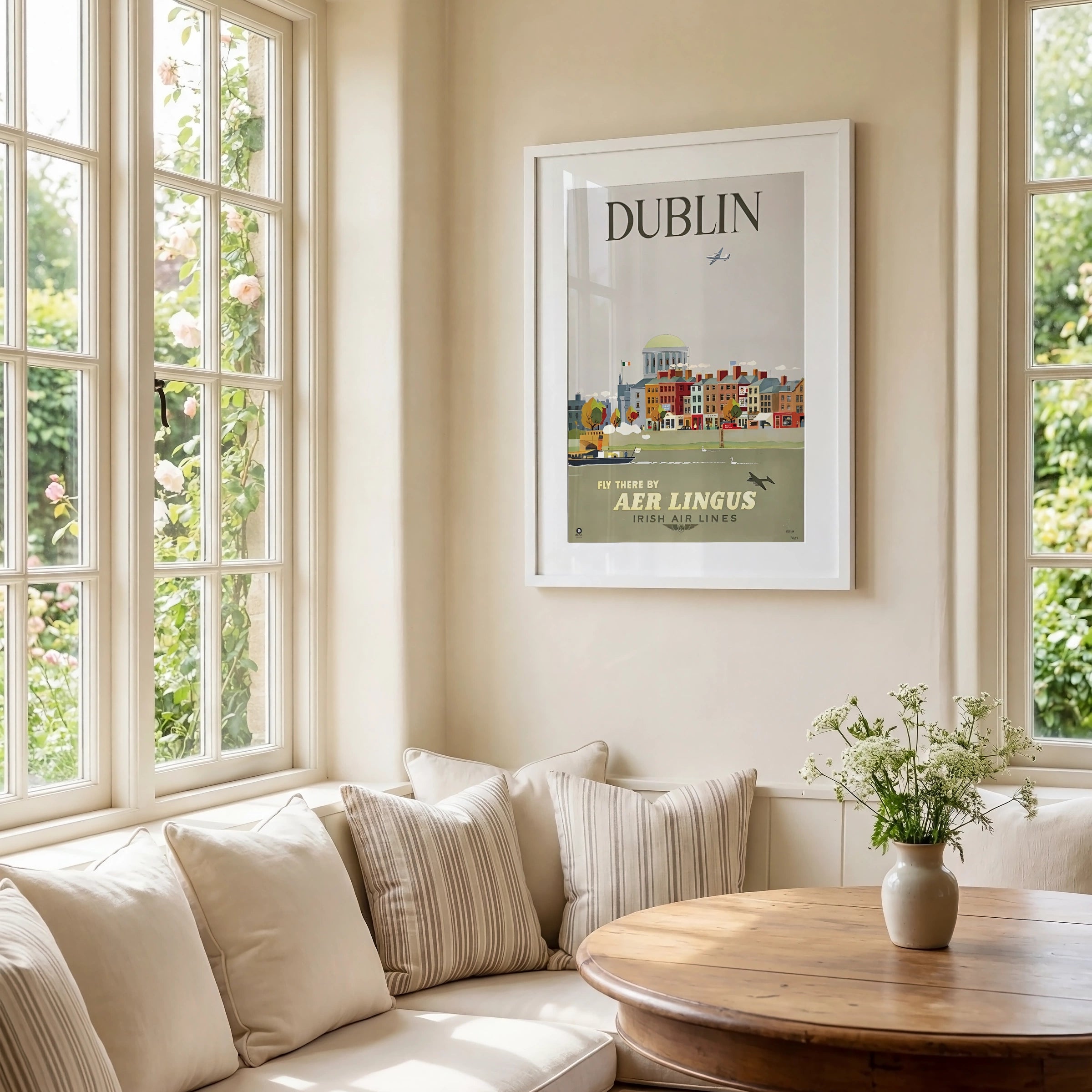 Vintage Dublin Ireland Travel Poster, Aer Lingus Irish Air Lines, 1950s City Skyline Wall Art Print