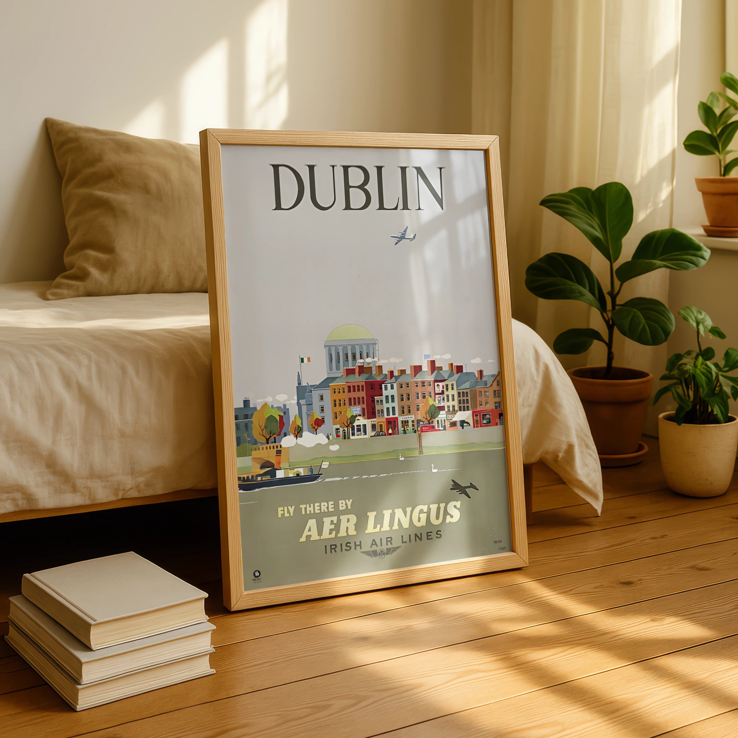 Vintage Dublin Ireland Travel Poster, Aer Lingus Irish Air Lines, 1950s City Skyline Wall Art Print