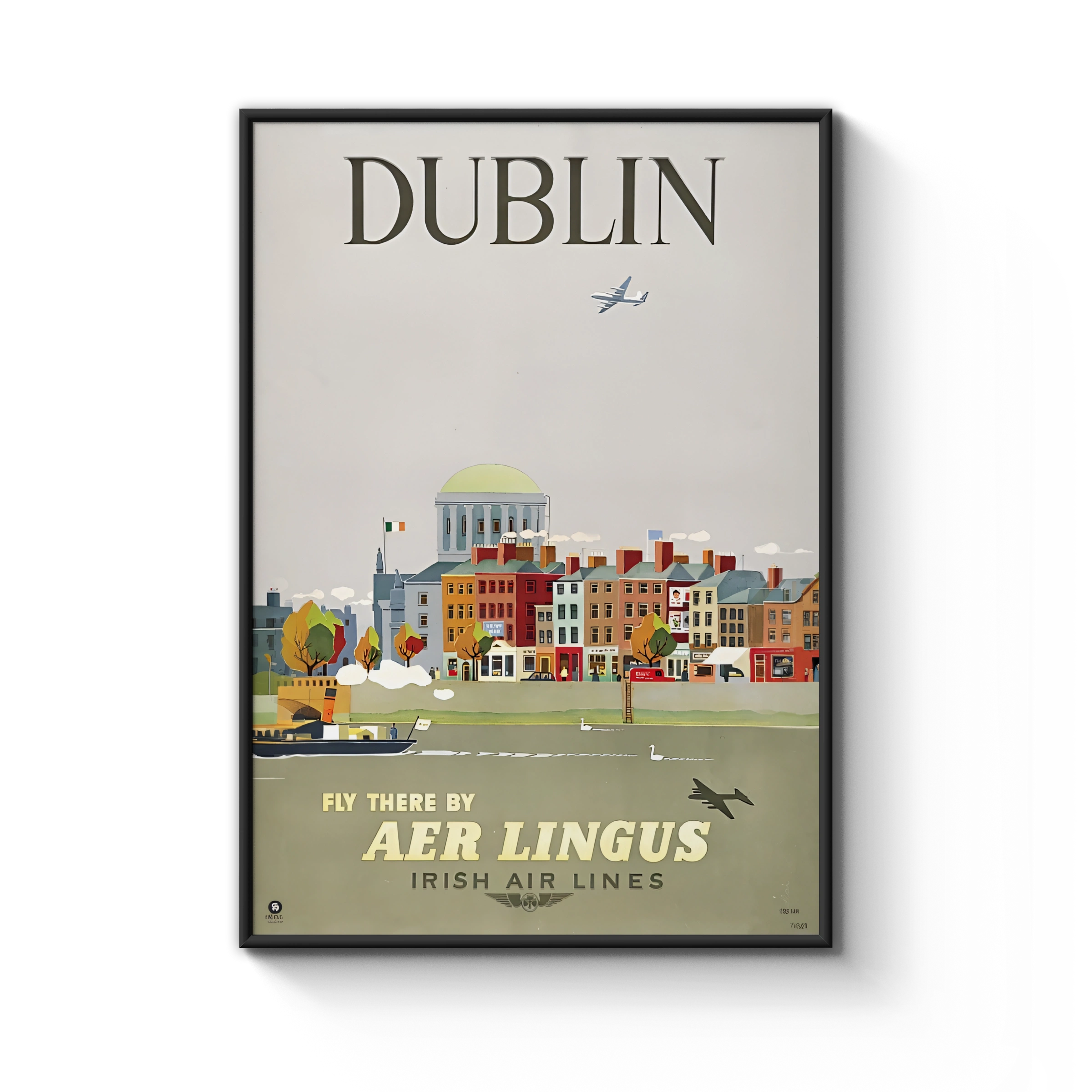 Vintage Dublin Ireland Travel Poster, Aer Lingus Irish Air Lines, 1950s City Skyline Wall Art Print