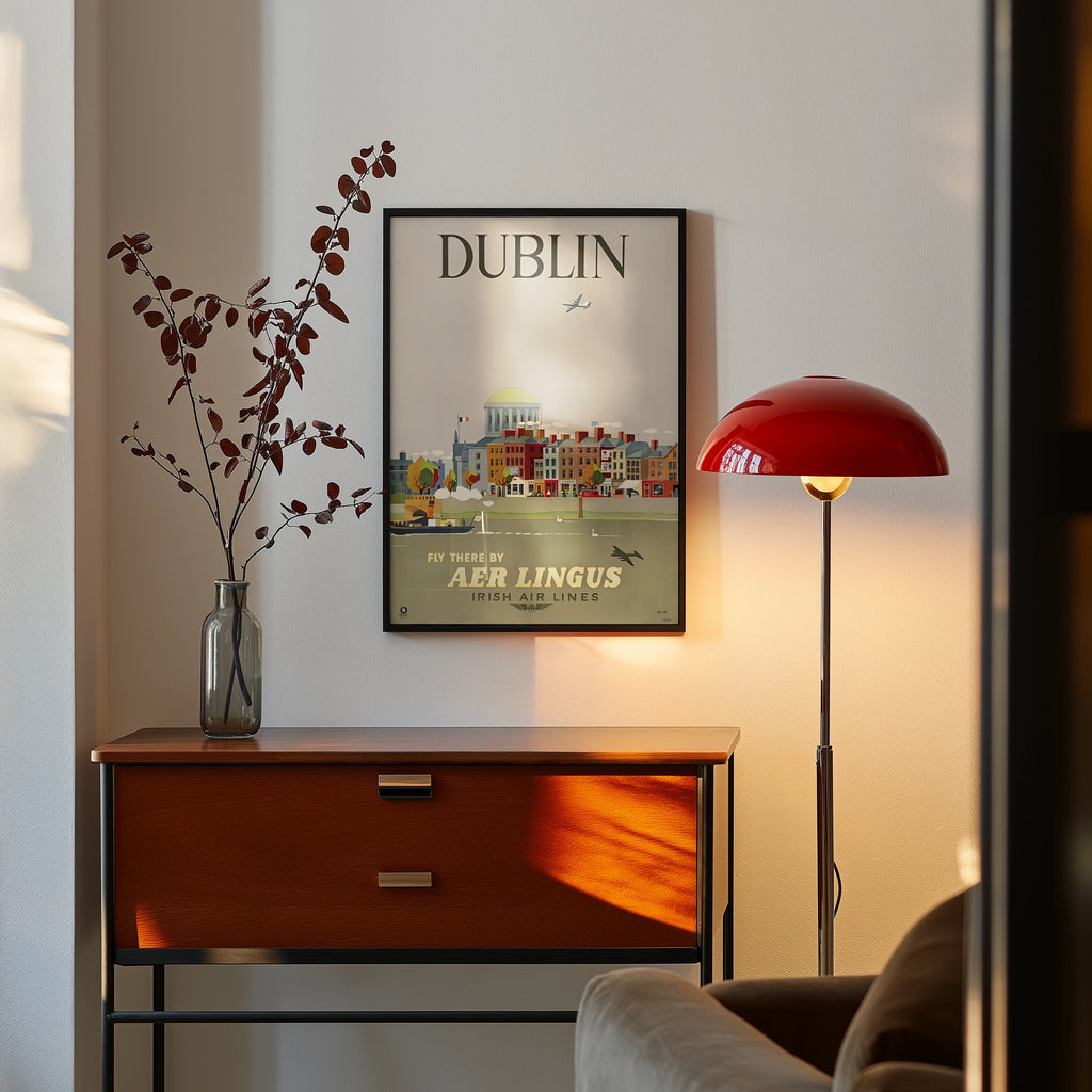 Vintage Dublin Ireland Travel Poster, Aer Lingus Irish Air Lines, 1950s City Skyline Wall Art Print