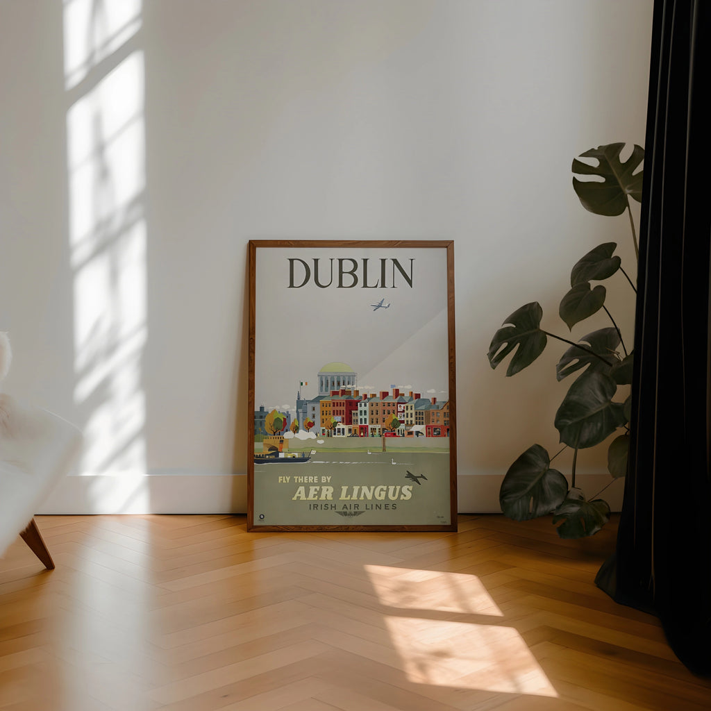 Vintage Dublin Ireland Travel Poster, Aer Lingus Irish Air Lines, 1950s City Skyline Wall Art Print