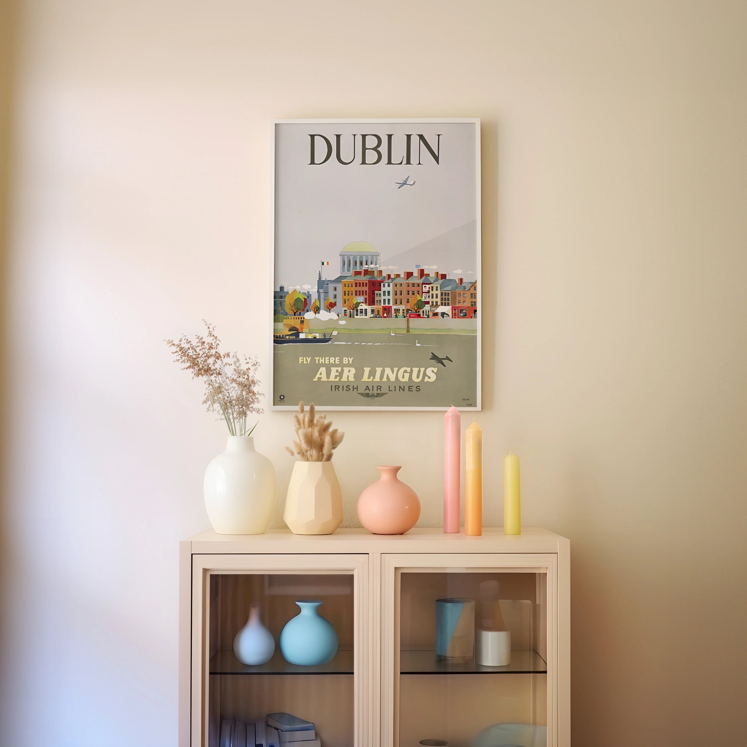 Vintage Dublin Ireland Travel Poster, Aer Lingus Irish Air Lines, 1950s City Skyline Wall Art Print