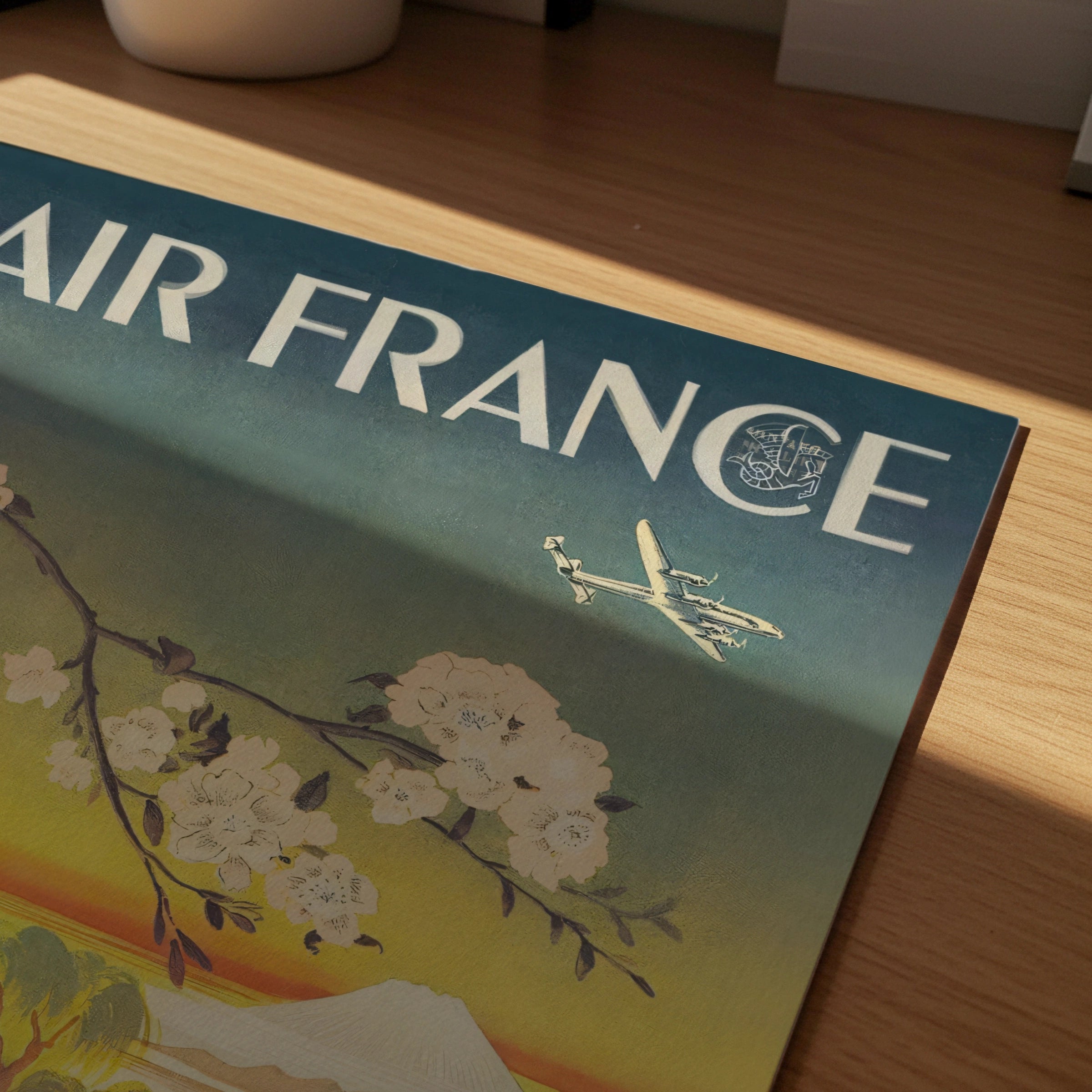 Vintage Air France Travel Poster, Paris - Tokyo, 1950s, Japanese Landscape, Cherry Blossoms, Retro Wall Art