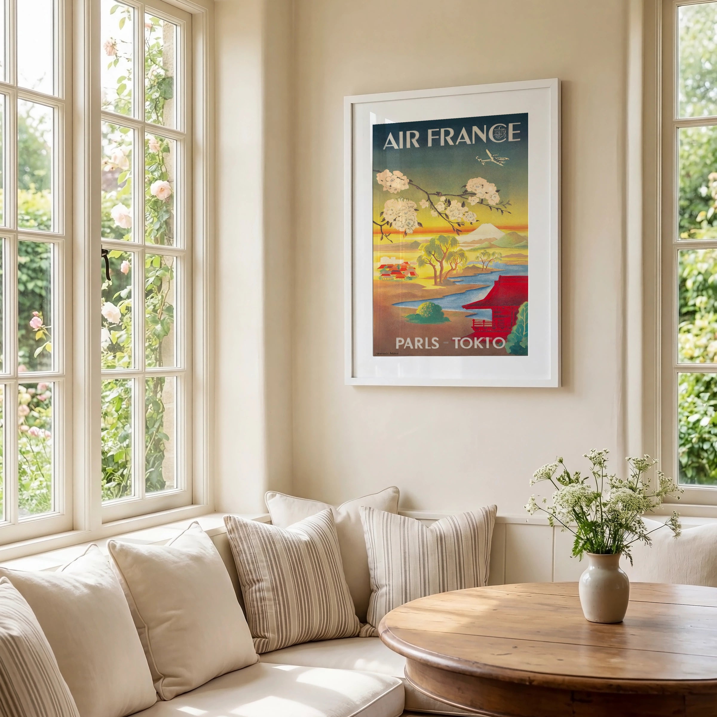 Vintage Air France Travel Poster, Paris - Tokyo, 1950s, Japanese Landscape, Cherry Blossoms, Retro Wall Art