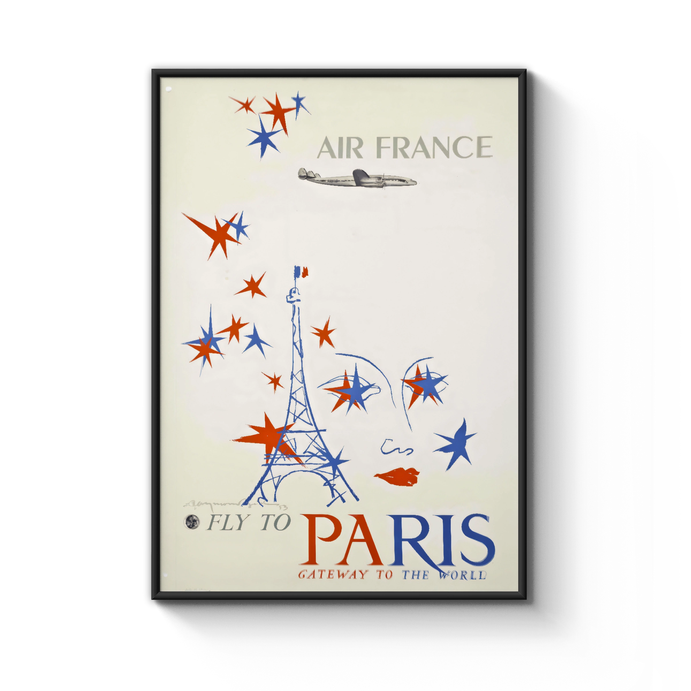Vintage Paris Travel Poster, Fly to Paris, Air France 1953, Gateway to the World, Retro Wall Art