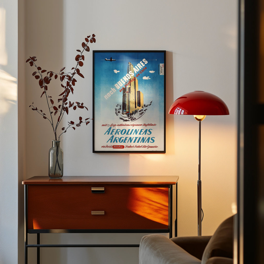 Vintage Argentina Travel Poster, Aerolineas Argentinas Buenos Aires 1950, Art Deco Aviation Wall Art Print