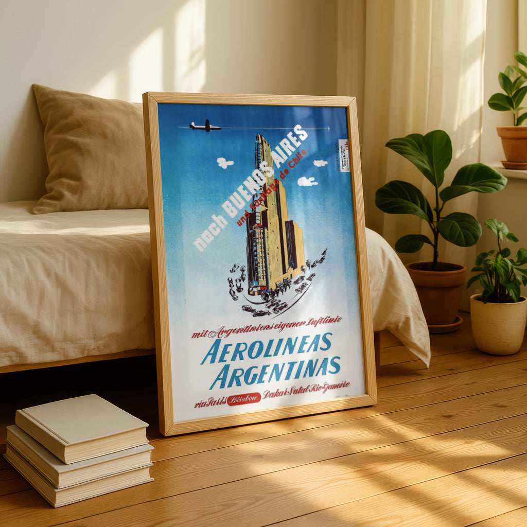 Vintage Argentina Travel Poster, Aerolineas Argentinas Buenos Aires 1950, Art Deco Aviation Wall Art Print