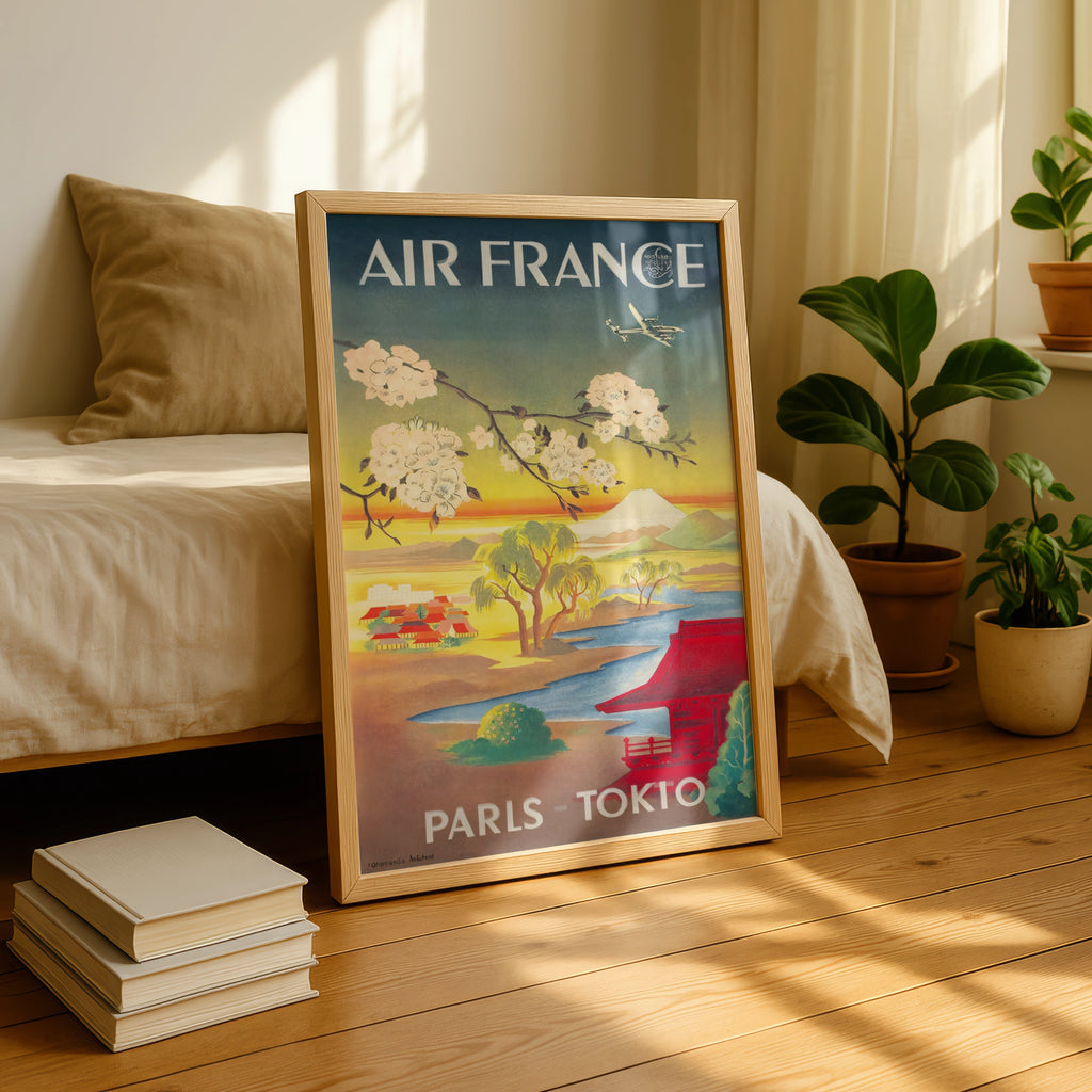 Vintage Air France Travel Poster, Paris - Tokyo, 1950s, Japanese Landscape, Cherry Blossoms, Retro Wall Art