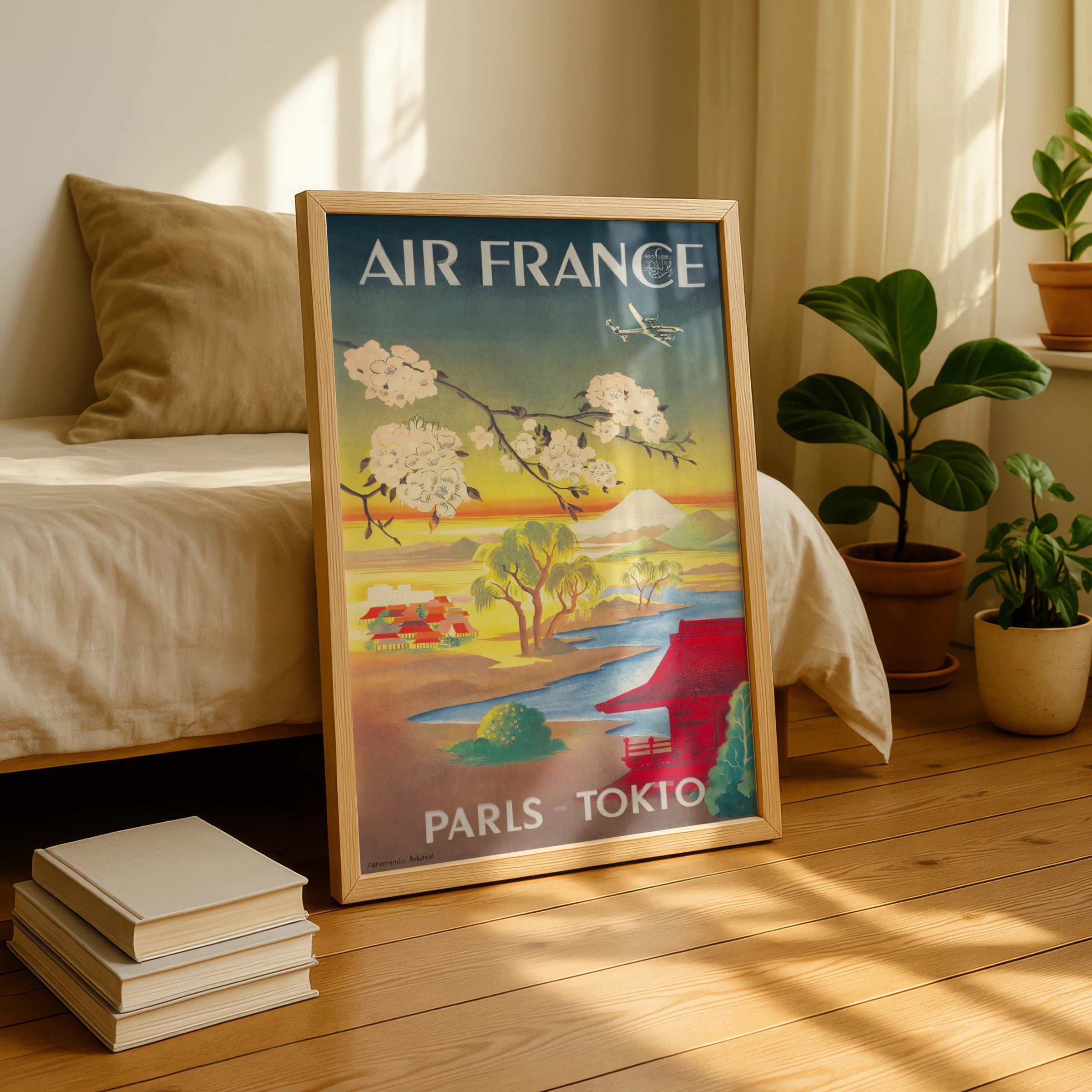 Vintage Air France Travel Poster, Paris - Tokyo, 1950s, Japanese Landscape, Cherry Blossoms, Retro Wall Art