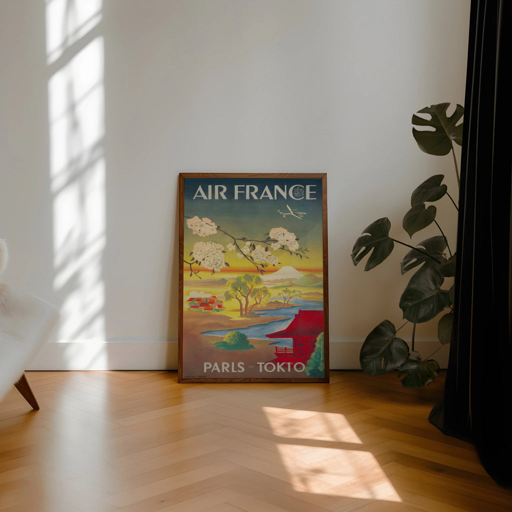Vintage Air France Travel Poster, Paris - Tokyo, 1950s, Japanese Landscape, Cherry Blossoms, Retro Wall Art