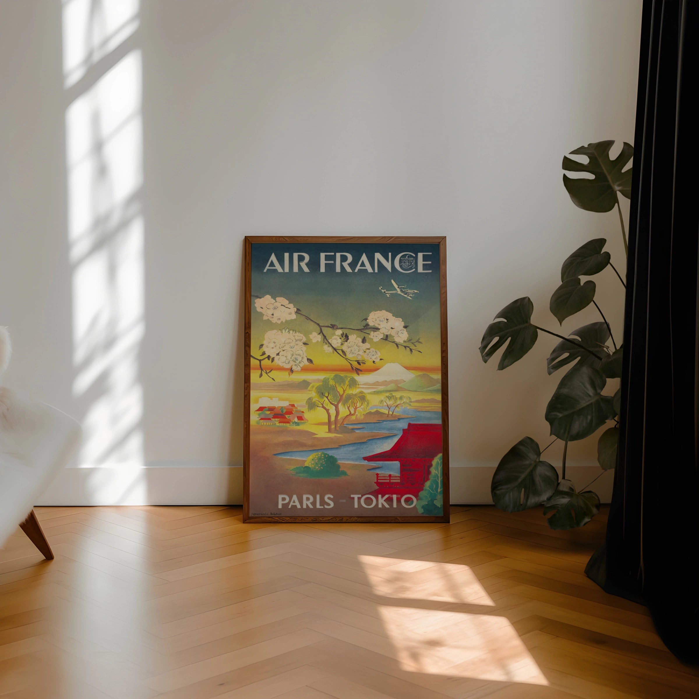 Vintage Air France Travel Poster, Paris - Tokyo, 1950s, Japanese Landscape, Cherry Blossoms, Retro Wall Art
