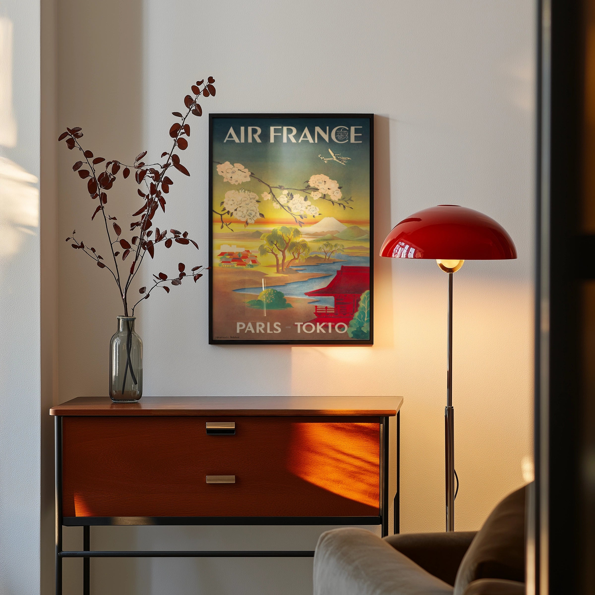Vintage Air France Travel Poster, Paris - Tokyo, 1950s, Japanese Landscape, Cherry Blossoms, Retro Wall Art