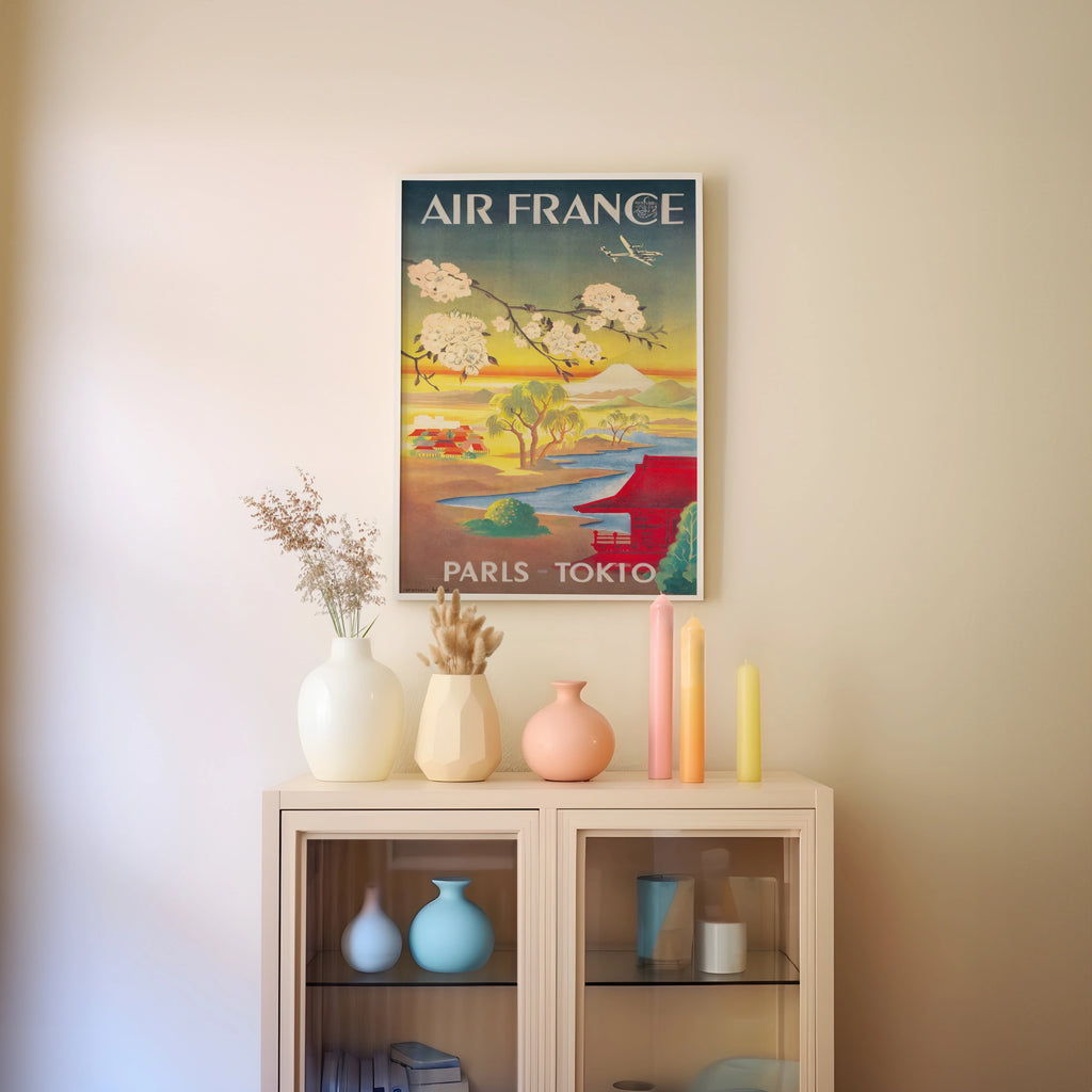Vintage Air France Travel Poster, Paris - Tokyo, 1950s, Japanese Landscape, Cherry Blossoms, Retro Wall Art