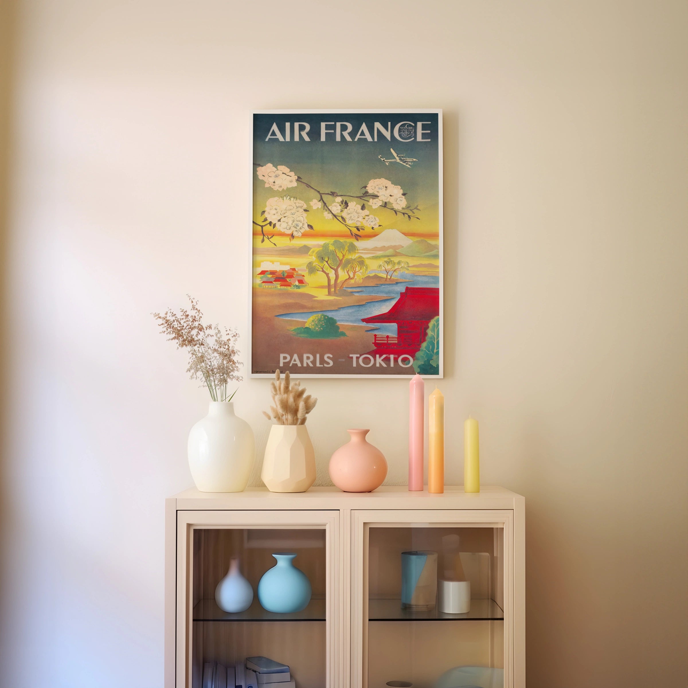 Vintage Air France Travel Poster, Paris - Tokyo, 1950s, Japanese Landscape, Cherry Blossoms, Retro Wall Art