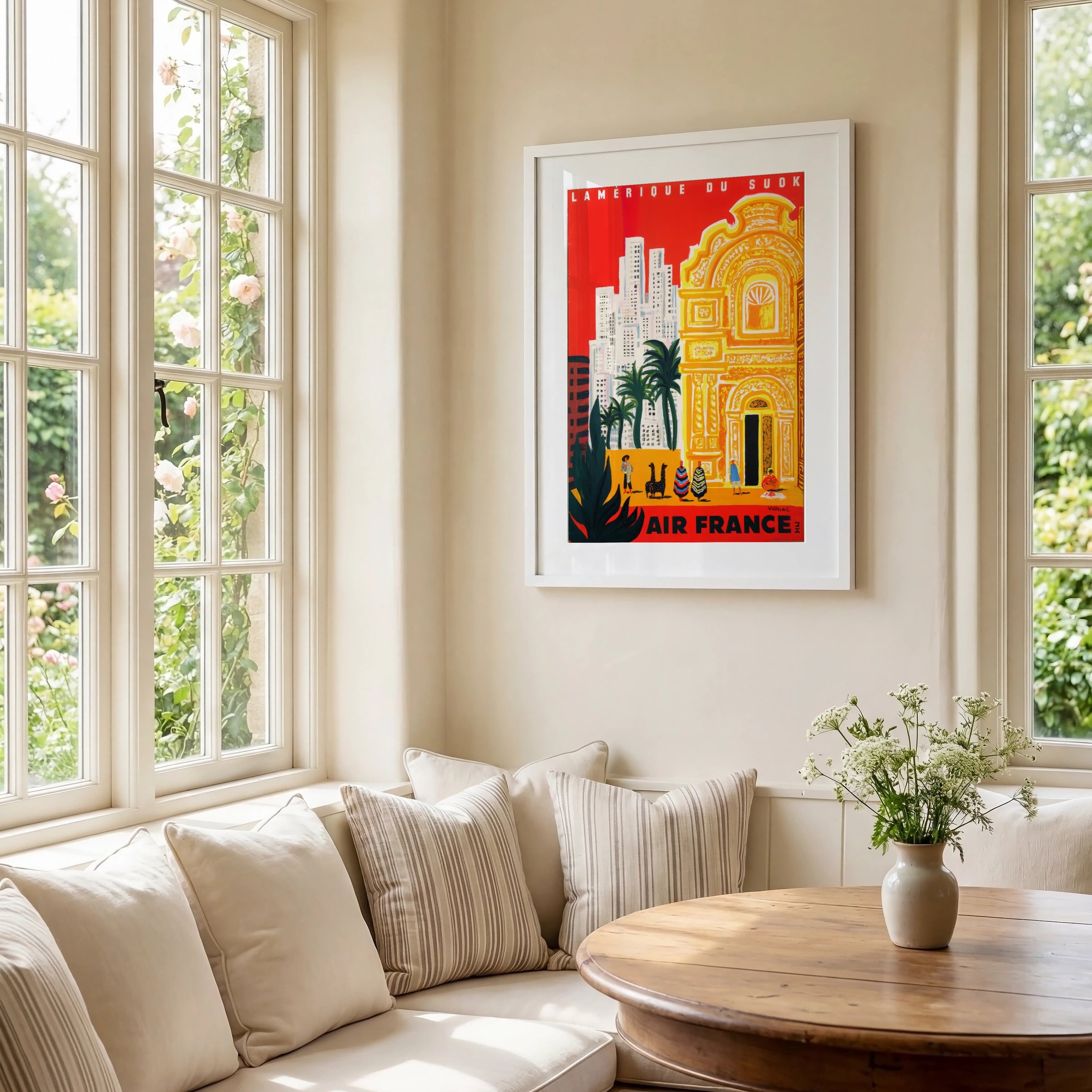 Vintage South America Travel Poster, Air France, 1960s, Architectural, Vibrant Red and Yellow Art Print