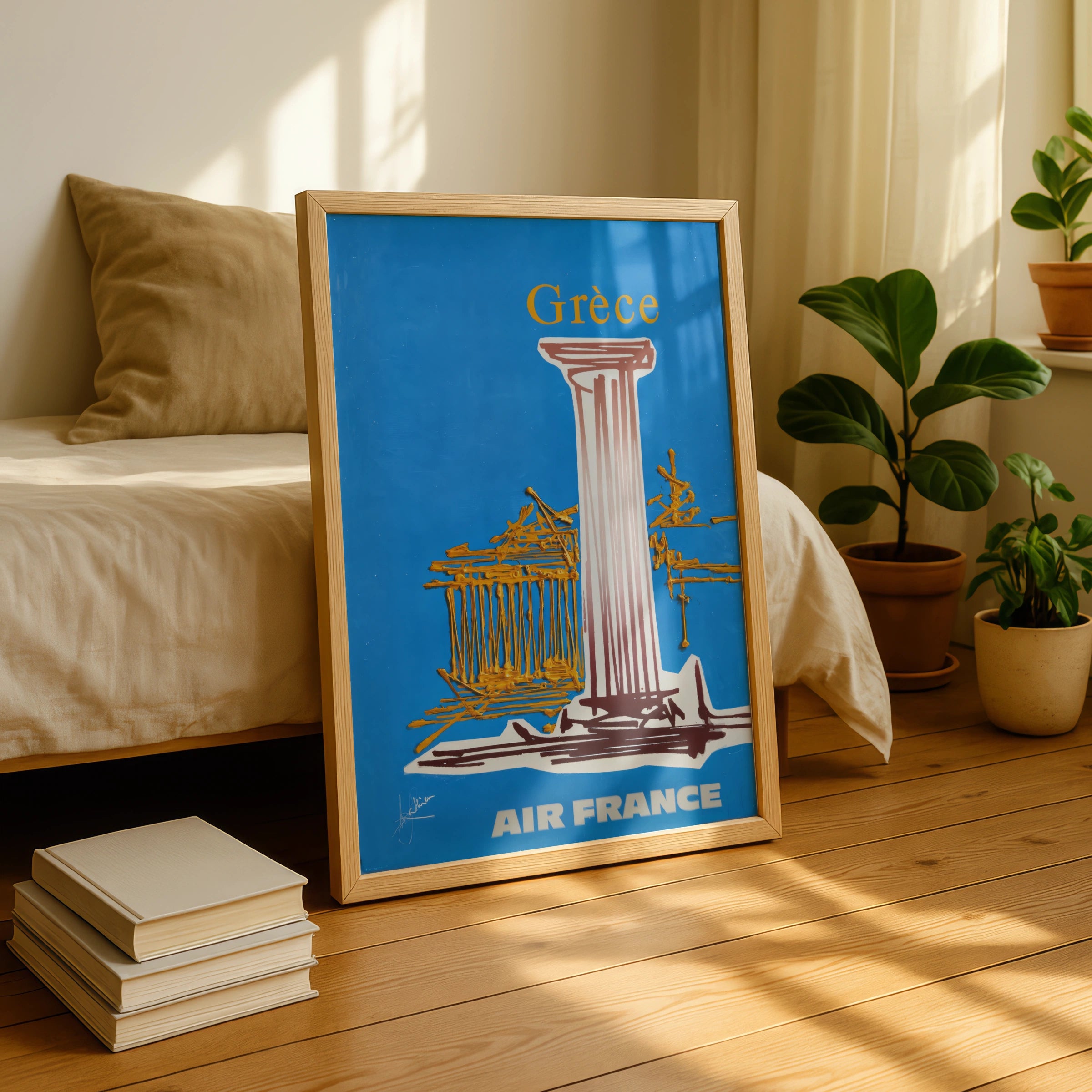 Vintage Greece Air France 1965 Travel Poster, Retro Wall Art for Travel Lovers, Blue and Gold Design