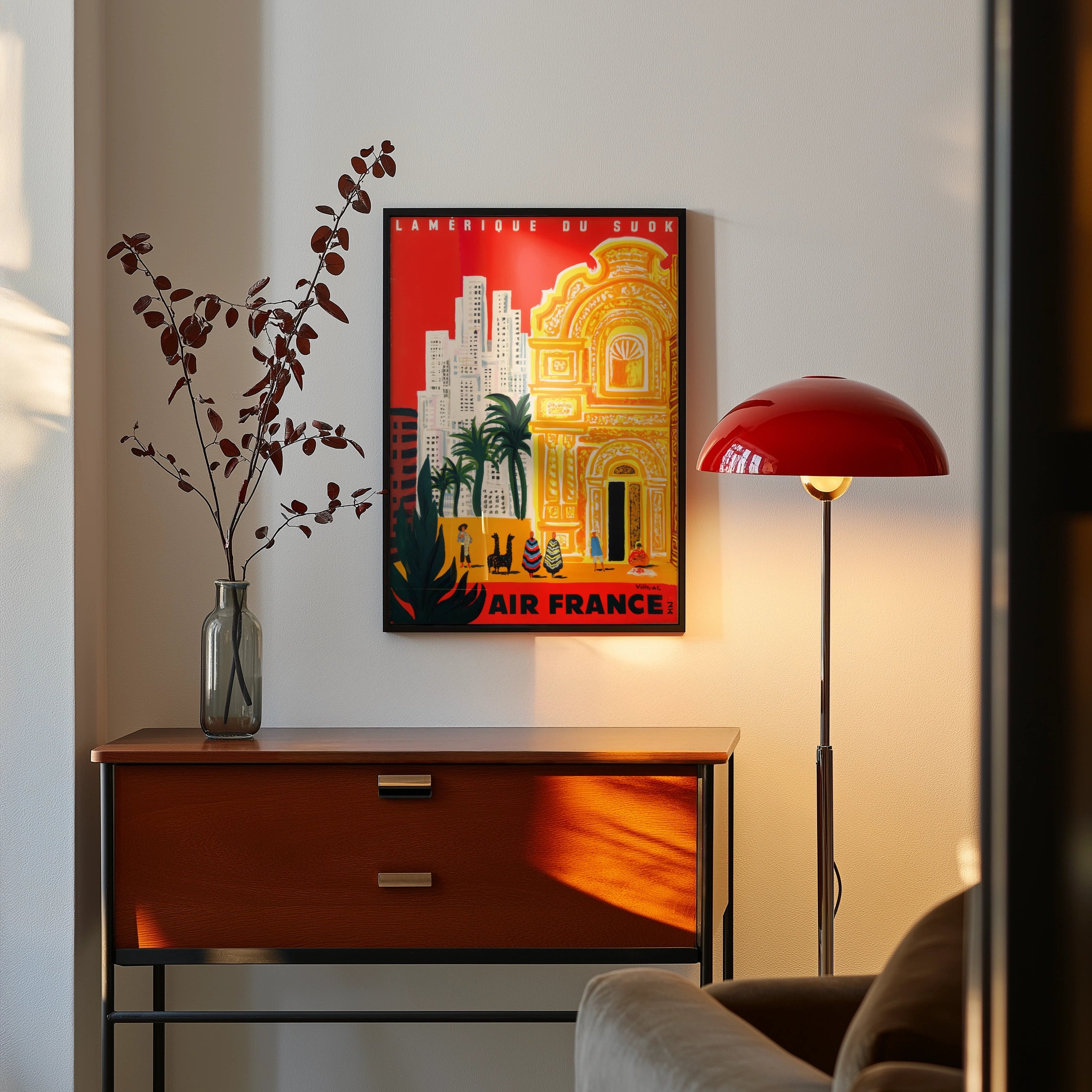 Vintage South America Travel Poster, Air France, 1960s, Architectural, Vibrant Red and Yellow Art Print