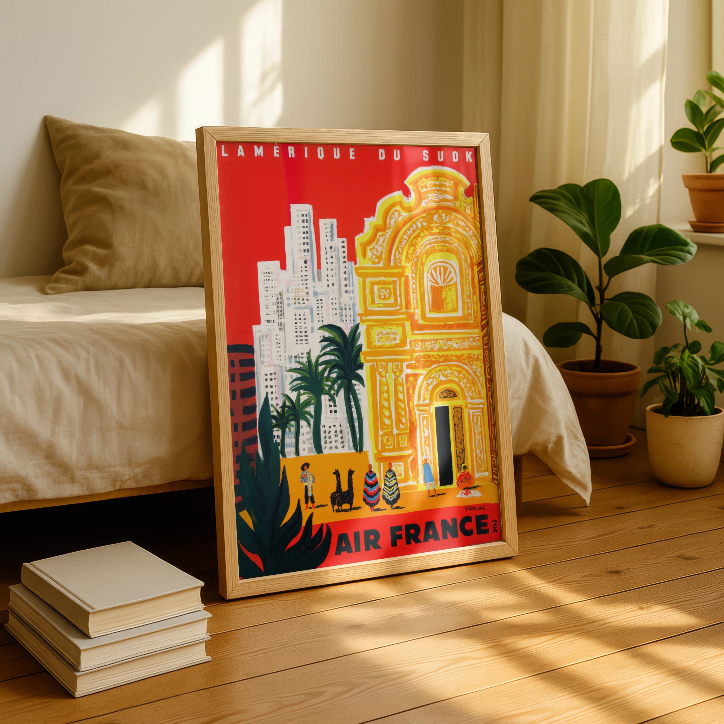 Vintage South America Travel Poster, Air France, 1960s, Architectural, Vibrant Red and Yellow Art Print