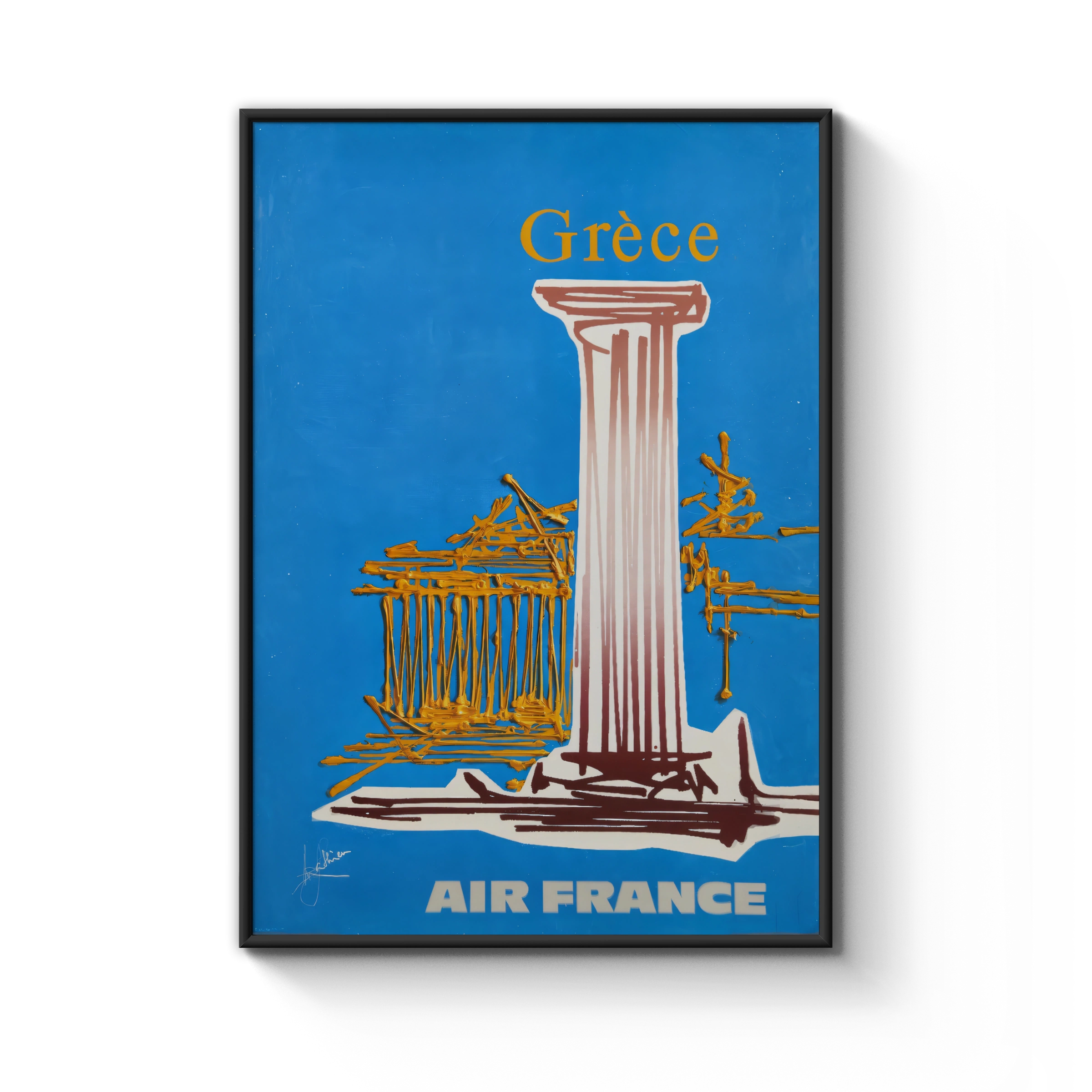 Vintage Greece Air France 1965 Travel Poster, Retro Wall Art for Travel Lovers, Blue and Gold Design