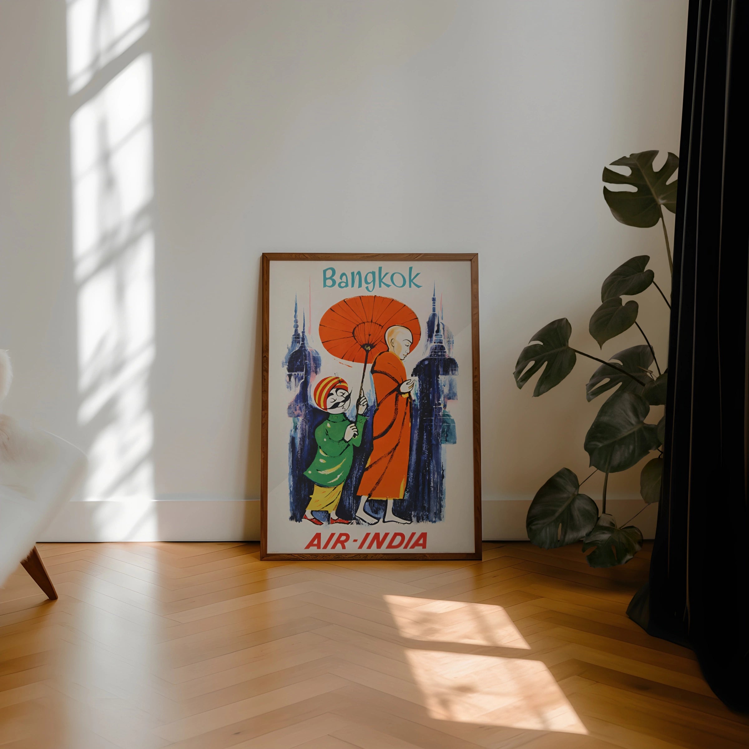 Vintage Bangkok Travel Poster, 1958 Air India Wall Art, Colourful Monk and Child Design