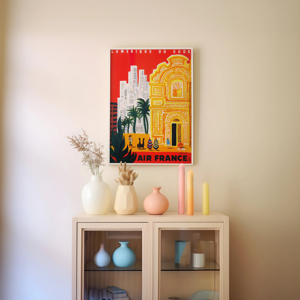 Vintage South America Travel Poster, Air France, 1960s, Architectural, Vibrant Red and Yellow Art Print
