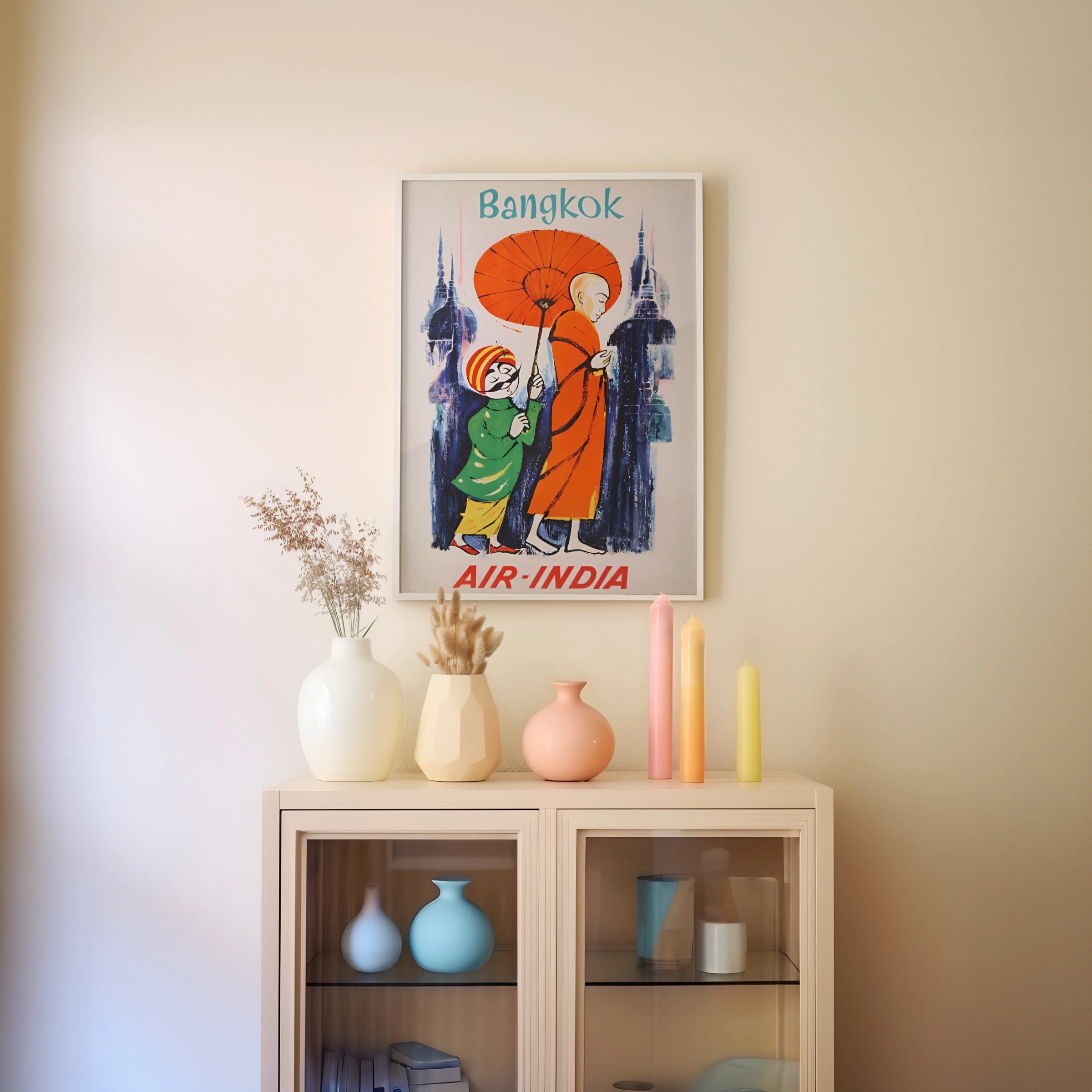 Vintage Bangkok Travel Poster, 1958 Air India Wall Art, Colourful Monk and Child Design
