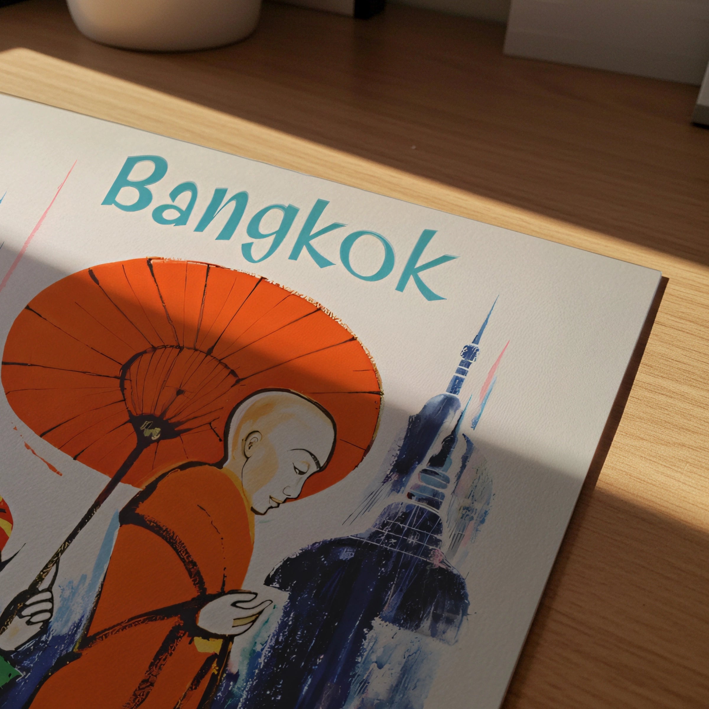 Vintage Bangkok Travel Poster, 1958 Air India Wall Art, Colourful Monk and Child Design